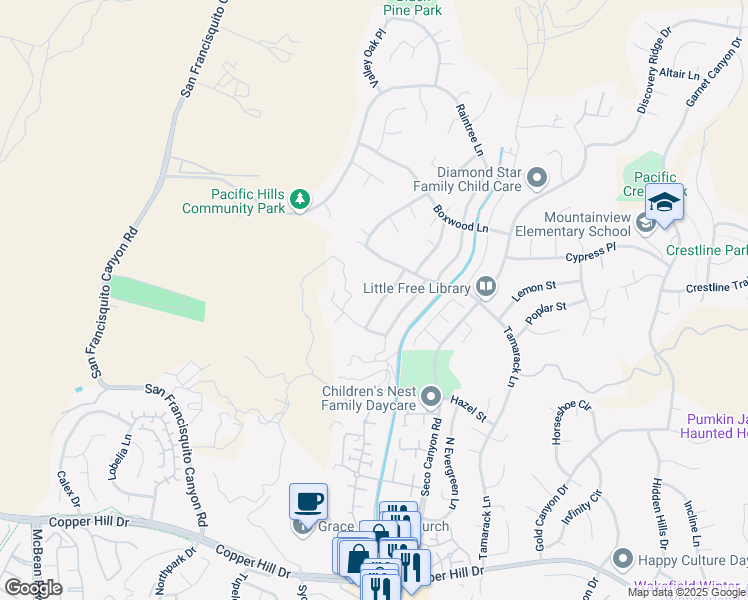 map of restaurants, bars, coffee shops, grocery stores, and more near 22849 White Pine Place in Santa Clarita