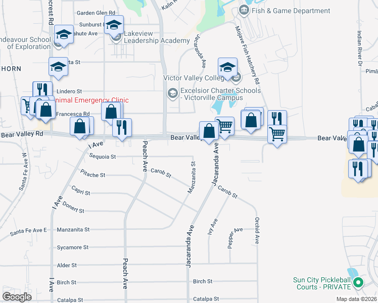 map of restaurants, bars, coffee shops, grocery stores, and more near 18230 Sequoia Street in Hesperia