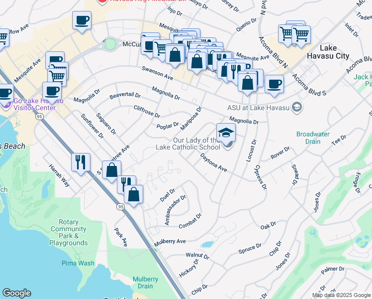 map of restaurants, bars, coffee shops, grocery stores, and more near 210 Cottonwood Drive in Lake Havasu City