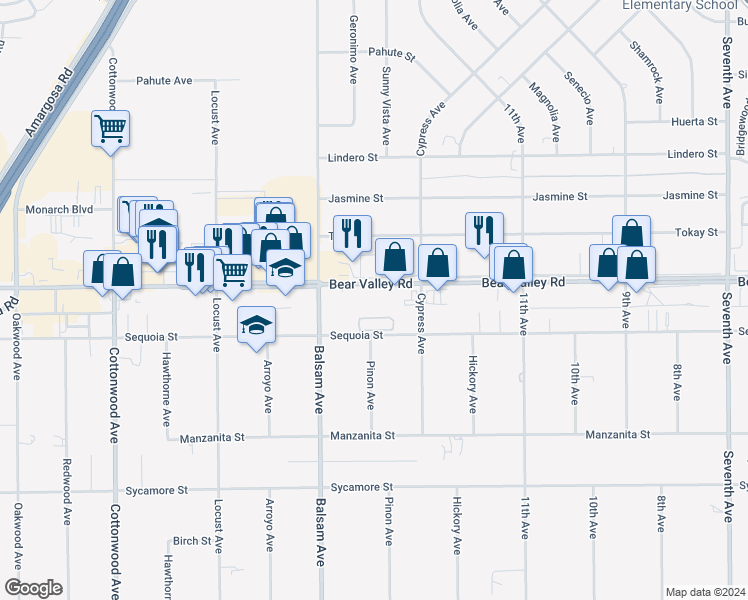 map of restaurants, bars, coffee shops, grocery stores, and more near 15403 Bear Valley Road in Hesperia