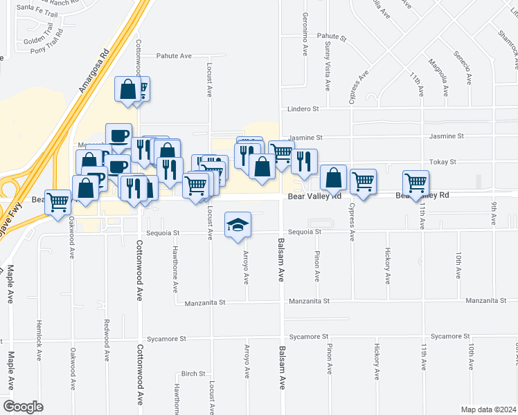 map of restaurants, bars, coffee shops, grocery stores, and more near 15255 Bear Valley Road in Hesperia