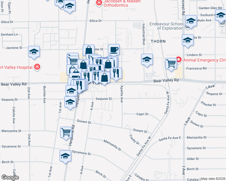 map of restaurants, bars, coffee shops, grocery stores, and more near 170 Garnet Avenue in Hesperia
