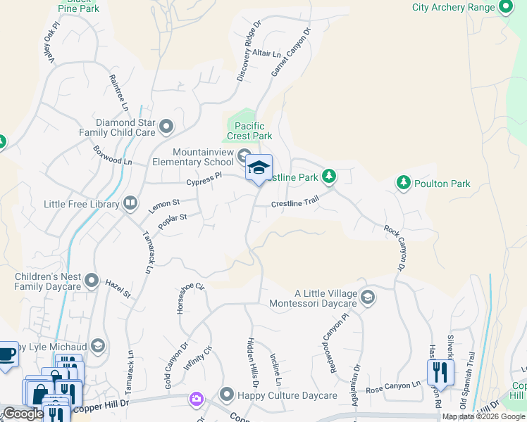 map of restaurants, bars, coffee shops, grocery stores, and more near 22144 Crestline Trail in Santa Clarita