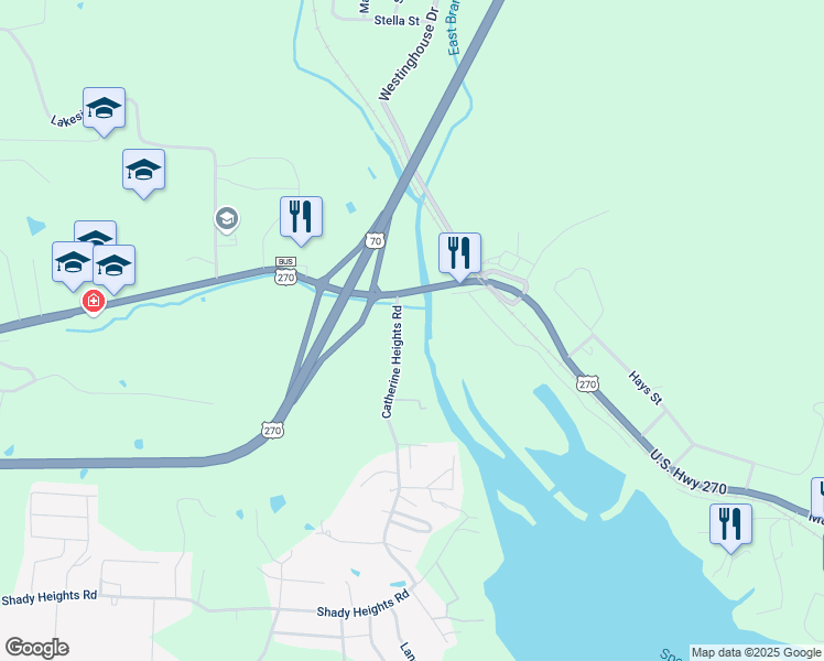 map of restaurants, bars, coffee shops, grocery stores, and more near 109 Catherine Heights Road in Hot Springs