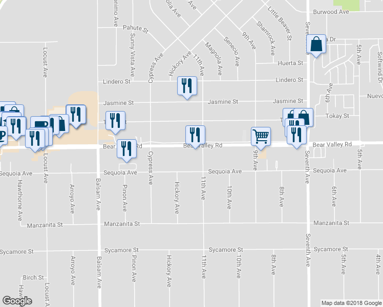 map of restaurants, bars, coffee shops, grocery stores, and more near 15659 Bear Valley Road in Hesperia