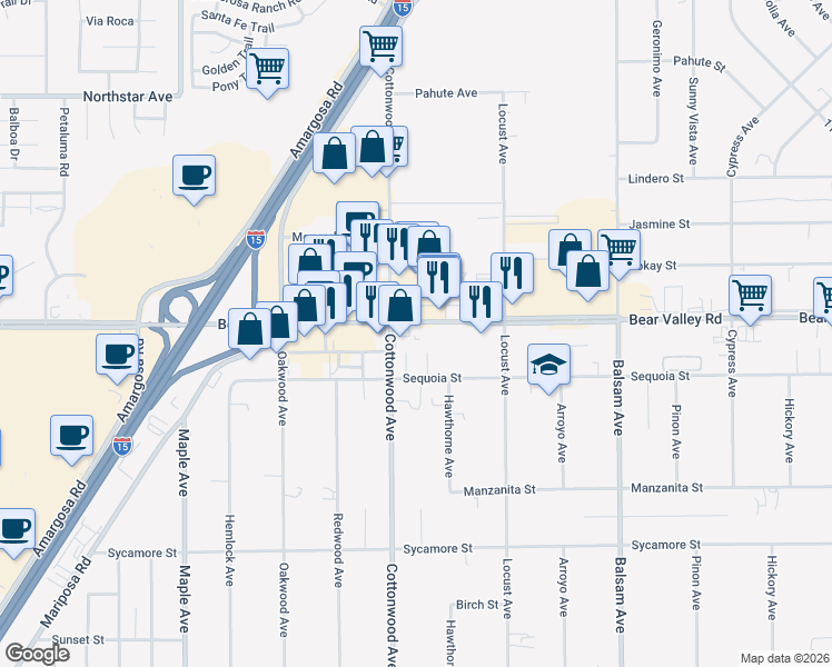 map of restaurants, bars, coffee shops, grocery stores, and more near 14949 Bear Valley Road in Hesperia