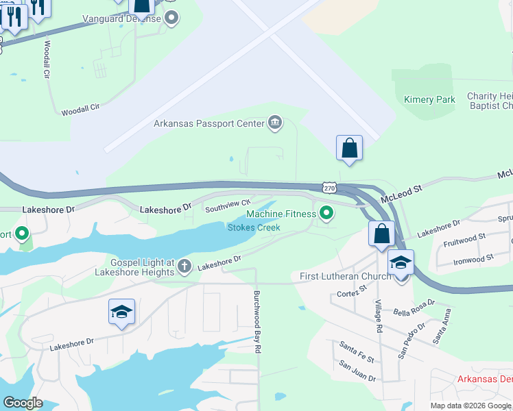 map of restaurants, bars, coffee shops, grocery stores, and more near 128 Southview Circle in Hot Springs