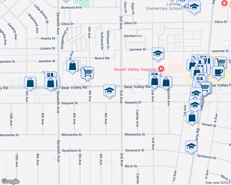 map of restaurants, bars, coffee shops, grocery stores, and more near 16453 Bear Valley Road in Hesperia