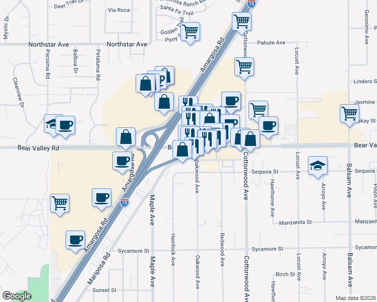 map of restaurants, bars, coffee shops, grocery stores, and more near Bear Valley Road in Hesperia