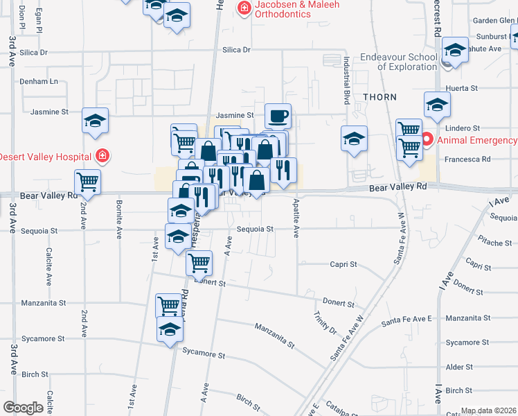 map of restaurants, bars, coffee shops, grocery stores, and more near 170 Garnet Avenue in Hesperia