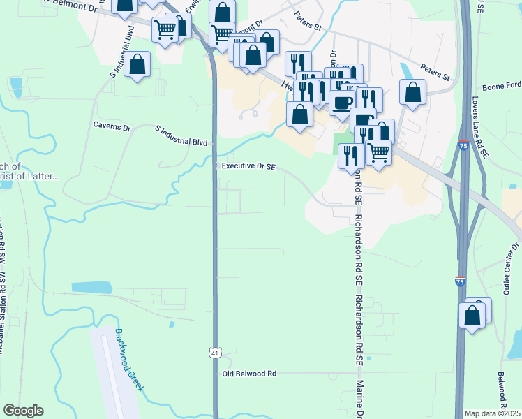 map of restaurants, bars, coffee shops, grocery stores, and more near 117 Stone Loop Southeast in Calhoun