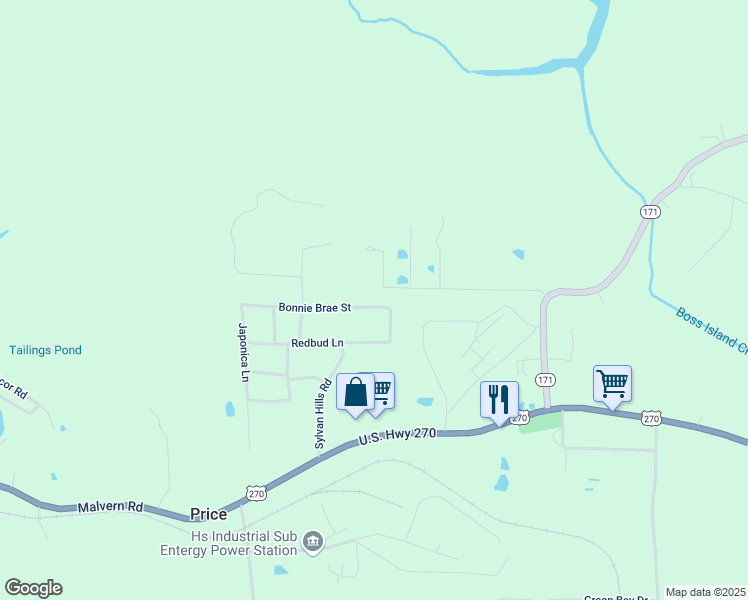 map of restaurants, bars, coffee shops, grocery stores, and more near 389 Bonnie Brae Street in Hot Springs