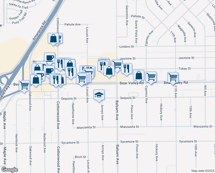 map of restaurants, bars, coffee shops, grocery stores, and more near 15255 Bear Valley Road in Hesperia