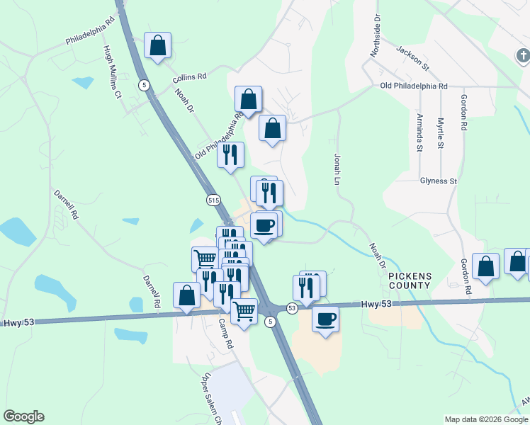map of restaurants, bars, coffee shops, grocery stores, and more near 744 Noah Drive in Jasper