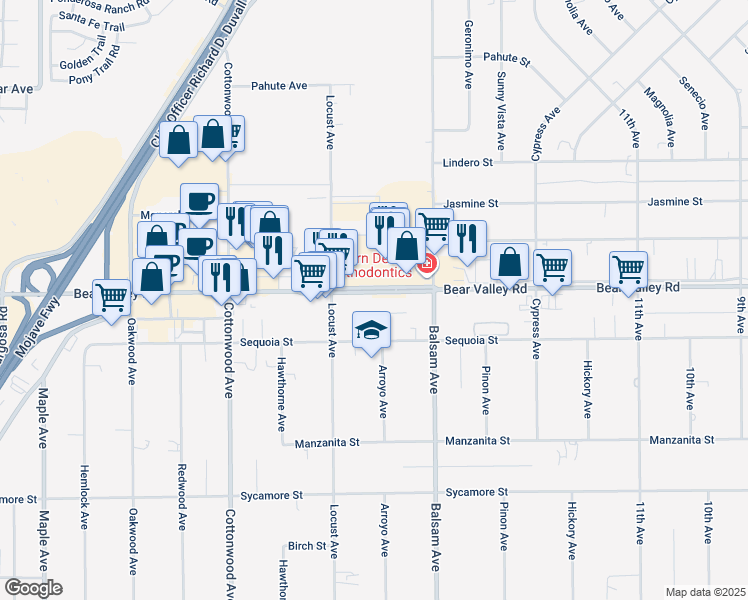 map of restaurants, bars, coffee shops, grocery stores, and more near Bear Valley Road in Hesperia
