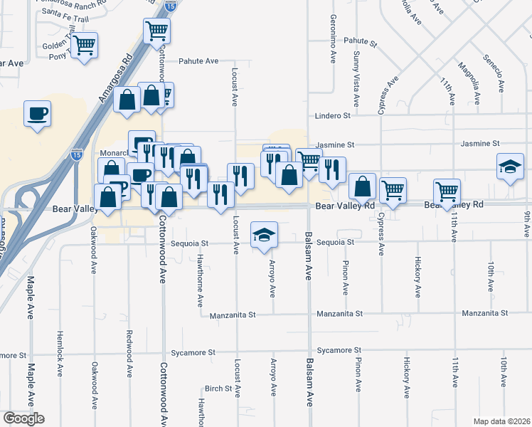 map of restaurants, bars, coffee shops, grocery stores, and more near in Victorville