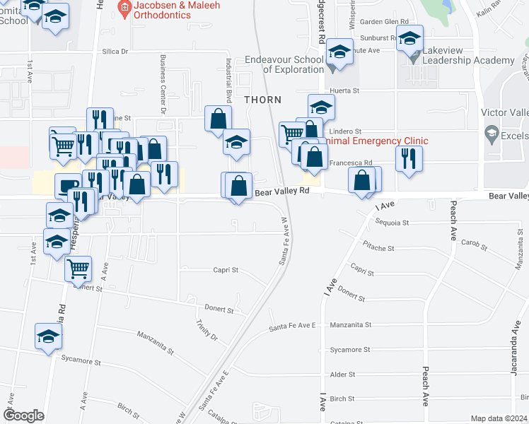 map of restaurants, bars, coffee shops, grocery stores, and more near 17537 Bear Valley Road in Hesperia