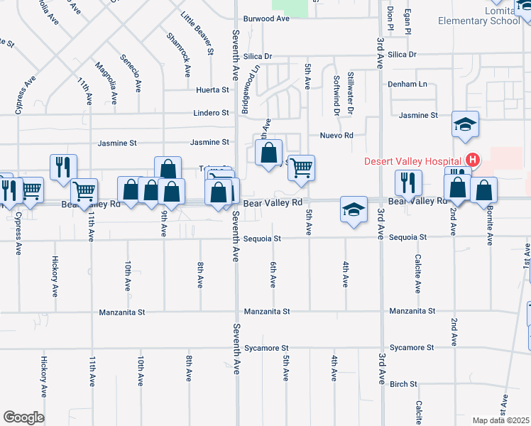 map of restaurants, bars, coffee shops, grocery stores, and more near 16179 Bear Valley Road in Victorville