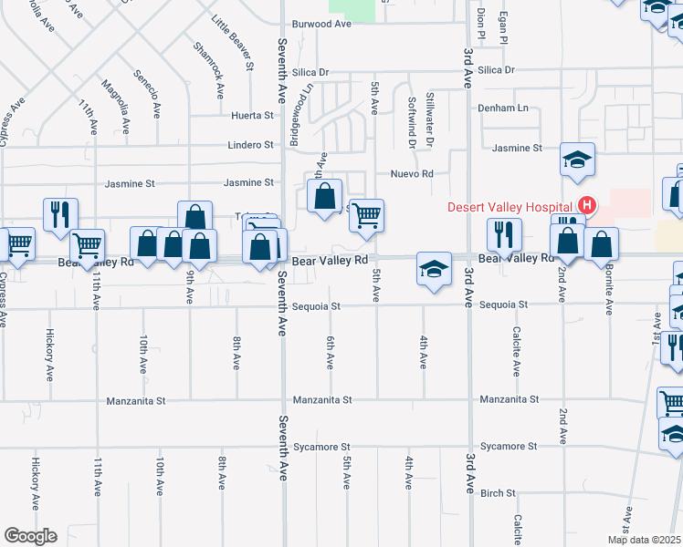 map of restaurants, bars, coffee shops, grocery stores, and more near 16229 Bear Valley Road in Hesperia