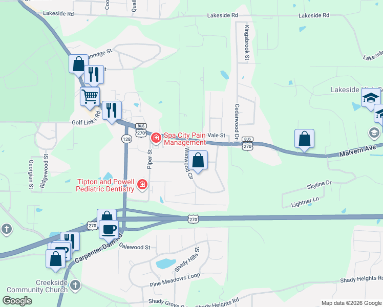 map of restaurants, bars, coffee shops, grocery stores, and more near 214 Glendale Street in Hot Springs