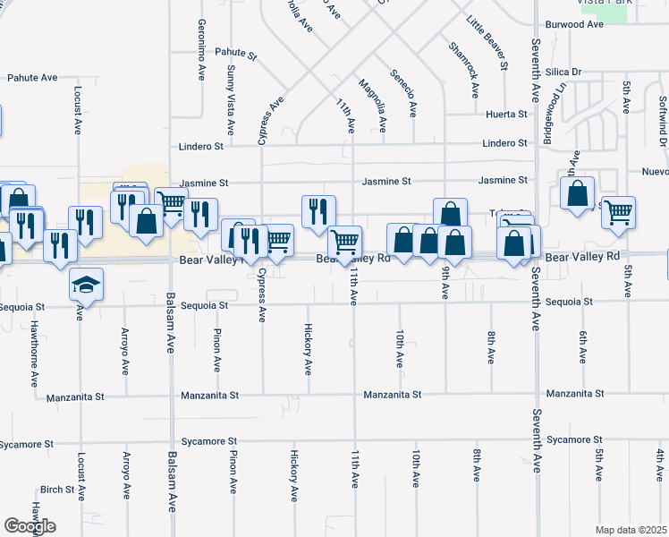 map of restaurants, bars, coffee shops, grocery stores, and more near 15659 Bear Valley Road in Hesperia