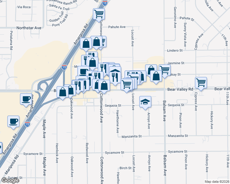 map of restaurants, bars, coffee shops, grocery stores, and more near 14949 Bear Valley Road in Hesperia