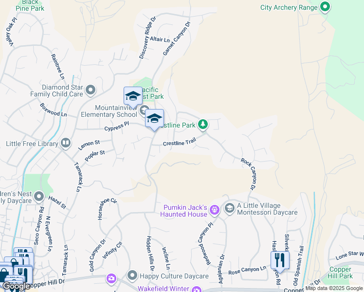 map of restaurants, bars, coffee shops, grocery stores, and more near 22026 Crestline Trail in Santa Clarita