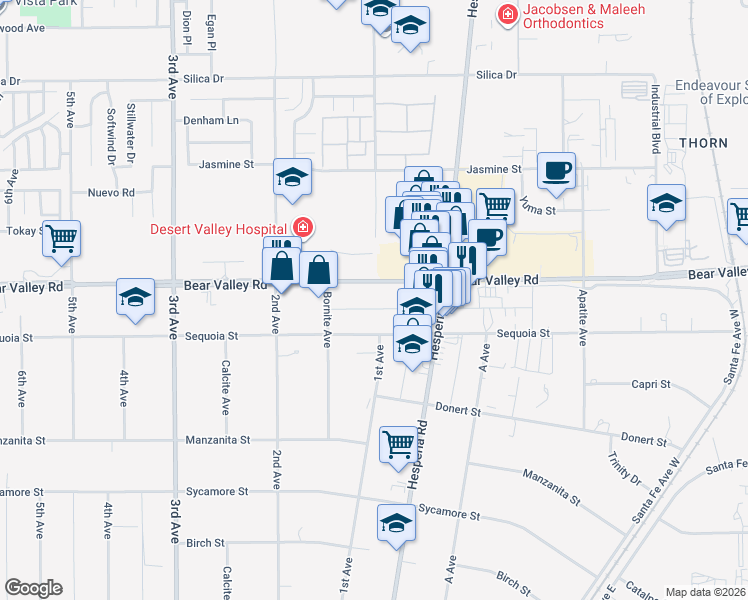 map of restaurants, bars, coffee shops, grocery stores, and more near 16868 Sequoia Street in Hesperia