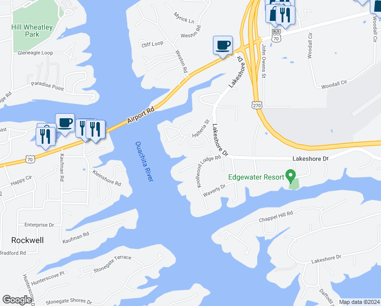map of restaurants, bars, coffee shops, grocery stores, and more near 410 Halteria Lane in Hot Springs