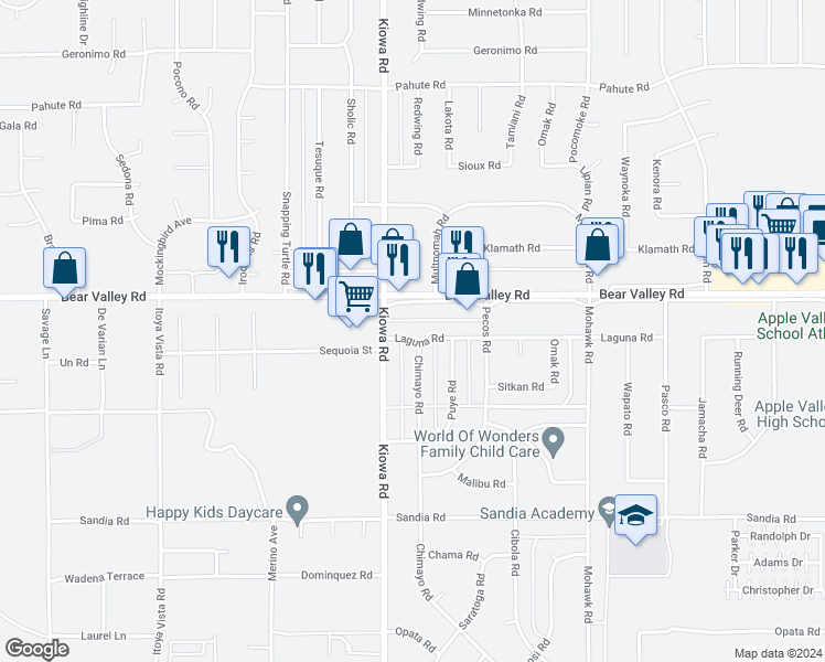 map of restaurants, bars, coffee shops, grocery stores, and more near 12009 Kiowa Road in Apple Valley