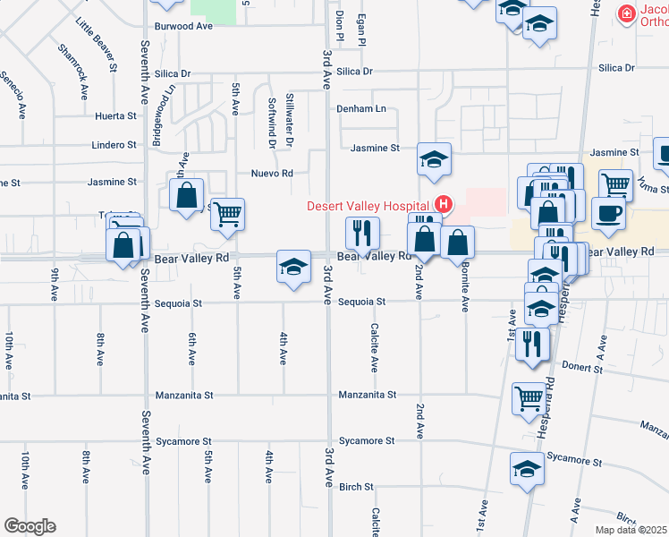 map of restaurants, bars, coffee shops, grocery stores, and more near 16545 Bear Valley Road in Hesperia