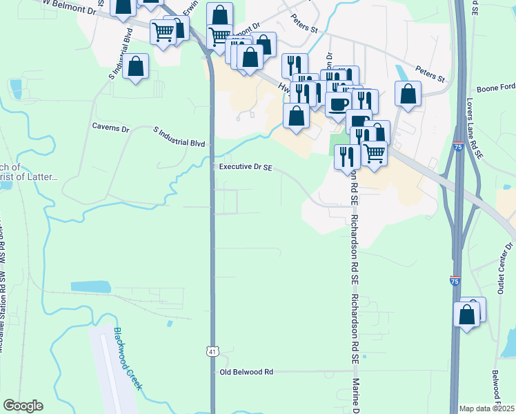 map of restaurants, bars, coffee shops, grocery stores, and more near 117 Stone Loop Southeast in Calhoun