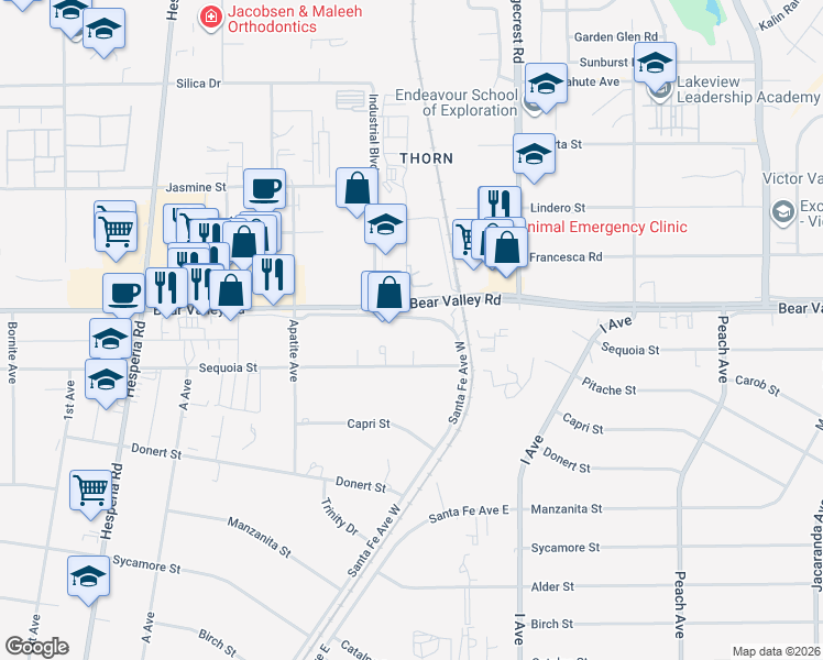 map of restaurants, bars, coffee shops, grocery stores, and more near 17471 Bear Valley Road in Hesperia