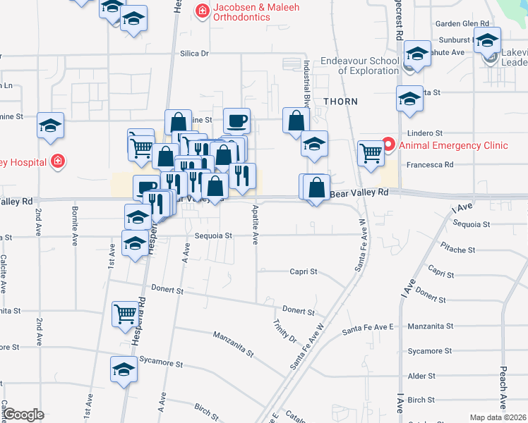 map of restaurants, bars, coffee shops, grocery stores, and more near 17349 Bear Valley Road in Hesperia