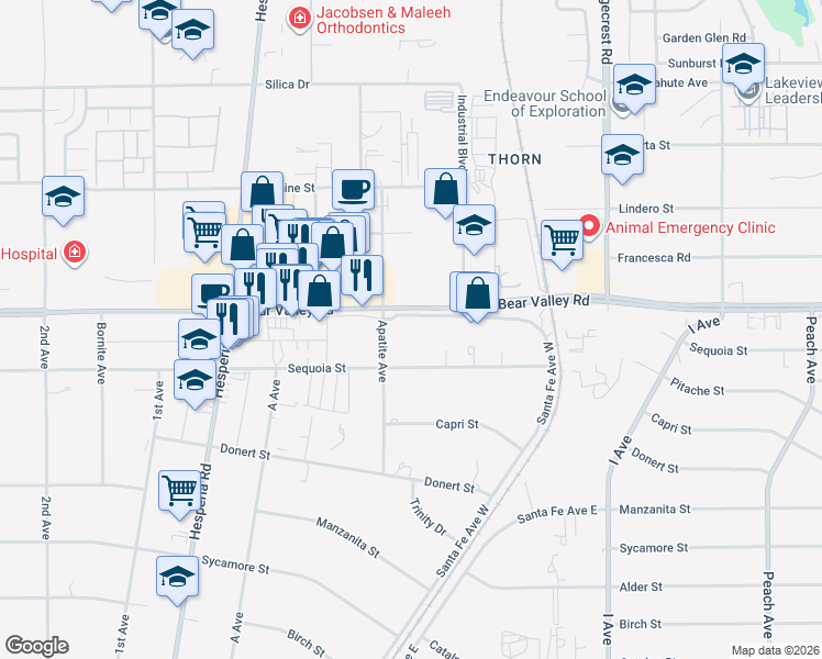 map of restaurants, bars, coffee shops, grocery stores, and more near 17349 Bear Valley Road in Hesperia