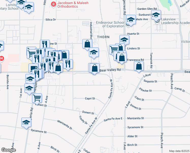 map of restaurants, bars, coffee shops, grocery stores, and more near 17471 Bear Valley Road in Hesperia