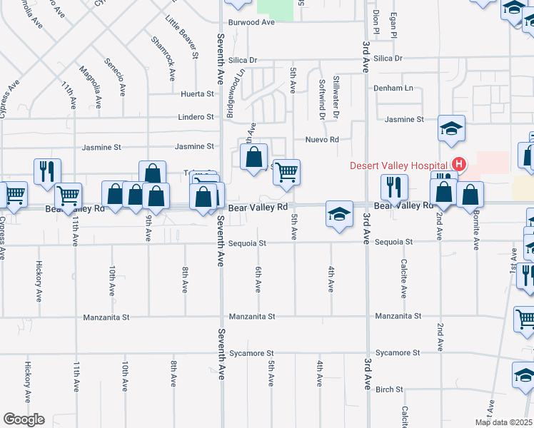 map of restaurants, bars, coffee shops, grocery stores, and more near 16229 Bear Valley Road in Hesperia