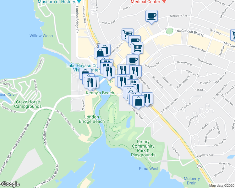 map of restaurants, bars, coffee shops, grocery stores, and more near 1477 Imperial Way in Lake Havasu City
