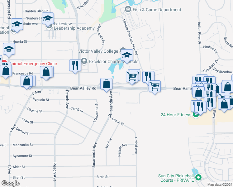 map of restaurants, bars, coffee shops, grocery stores, and more near 12061 Jacaranda Avenue in Hesperia