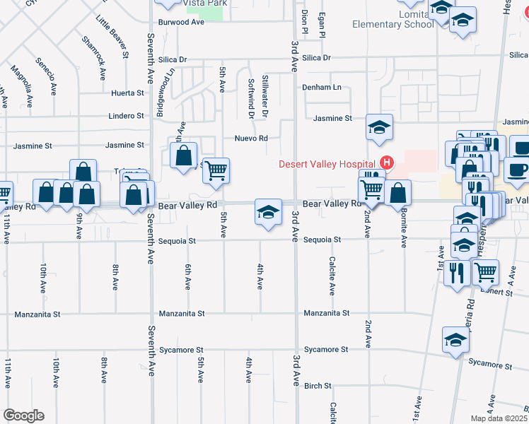 map of restaurants, bars, coffee shops, grocery stores, and more near Bear Valley Road in Hesperia