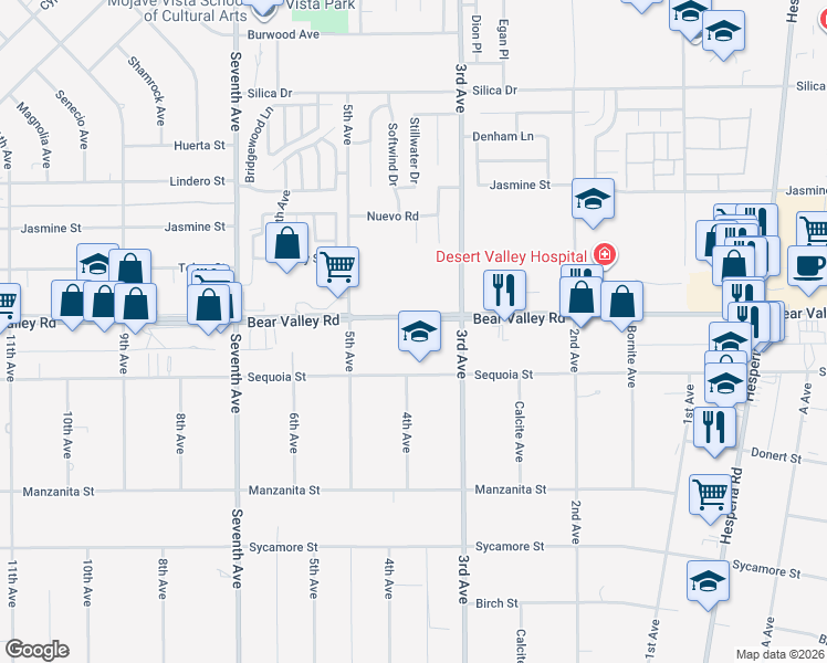 map of restaurants, bars, coffee shops, grocery stores, and more near 16388 Sequoia Avenue in Hesperia
