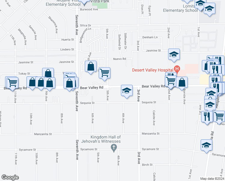 map of restaurants, bars, coffee shops, grocery stores, and more near Bear Valley Road in Hesperia