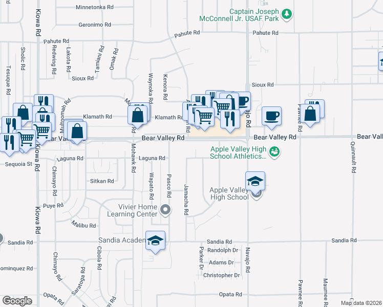 map of restaurants, bars, coffee shops, grocery stores, and more near 12011 Jamacha Road in Apple Valley