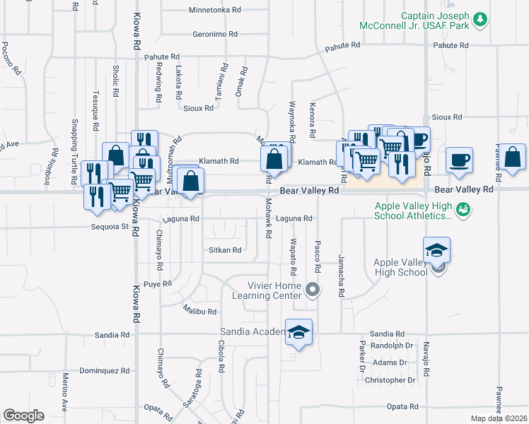 map of restaurants, bars, coffee shops, grocery stores, and more near 21253 Laguna Road in Apple Valley