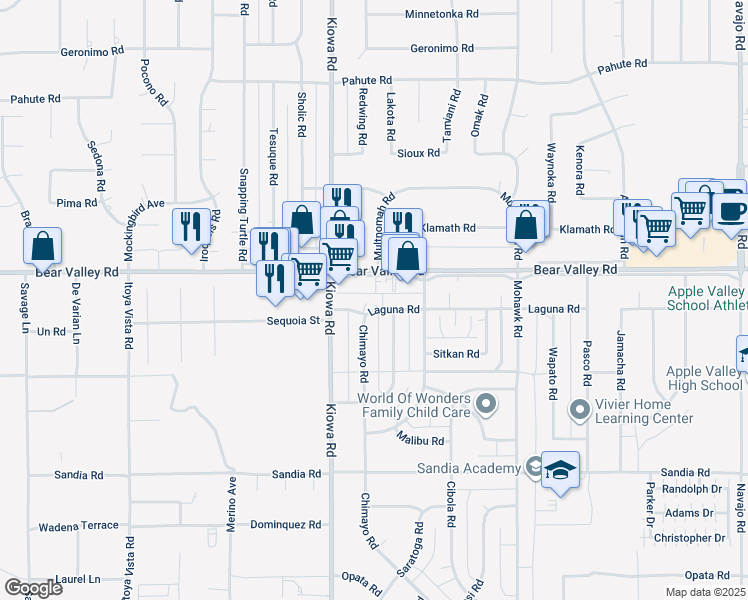 map of restaurants, bars, coffee shops, grocery stores, and more near 20986 Laguna Road in Apple Valley