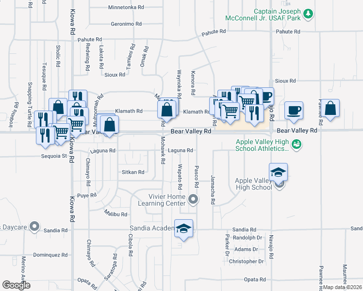map of restaurants, bars, coffee shops, grocery stores, and more near 21353 Laguna Road in Apple Valley