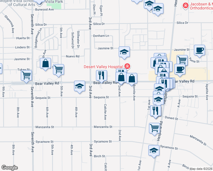 map of restaurants, bars, coffee shops, grocery stores, and more near 16575 Bear Valley Road in Hesperia