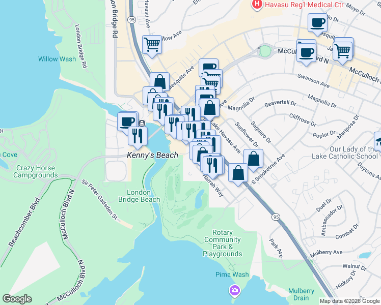 map of restaurants, bars, coffee shops, grocery stores, and more near 1477 Imperial Way in Lake Havasu City