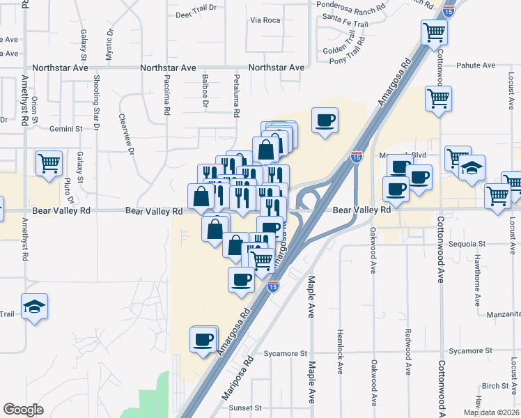 map of restaurants, bars, coffee shops, grocery stores, and more near Bear Valley Road in Victorville
