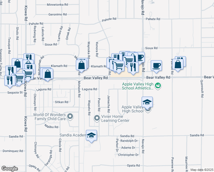 map of restaurants, bars, coffee shops, grocery stores, and more near 21450 Laguna Road in Apple Valley